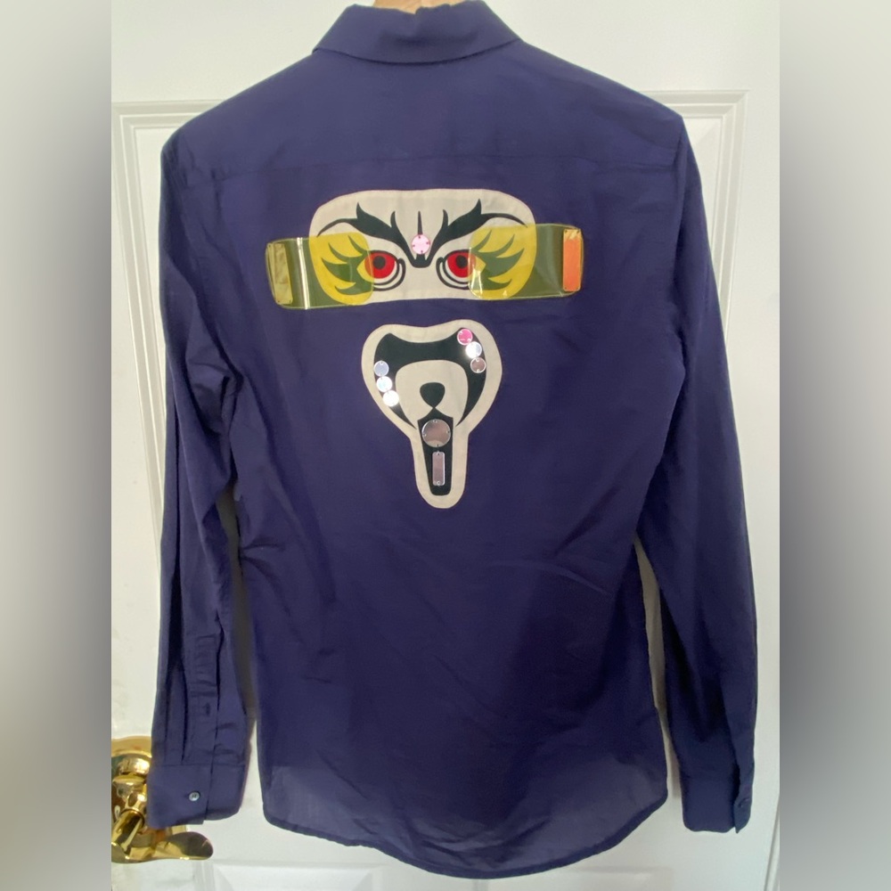 Miu Miu SS05 navy blue robot face design long sleeve shirt with plastic appliqué - Picture 2 of 3